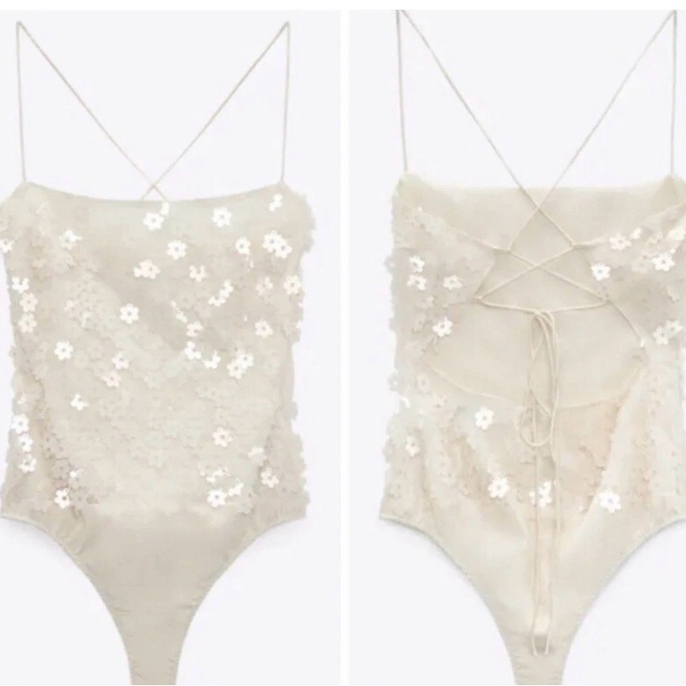 Zara Cream Floral sequins appliqué Lace up back Bodysuit size S